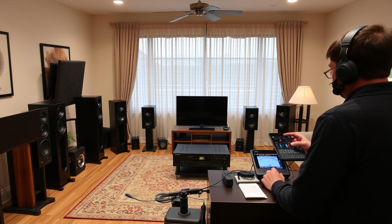 Zestaw kina domowego z głośnikami i amplitunerem podczas testów jakości dźwięku